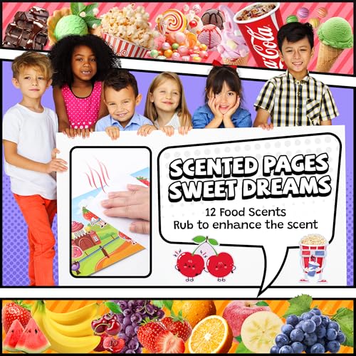 HORIECHALY Sticker Books for Toddlers 2-4 Years, Scratch and Sniff Kid Sticker Book with 12 Scenes & 400+ Scented Food Stickers, Portable Handle for Travel/Airplane, Smelly Craft Gift for Boy and Girl