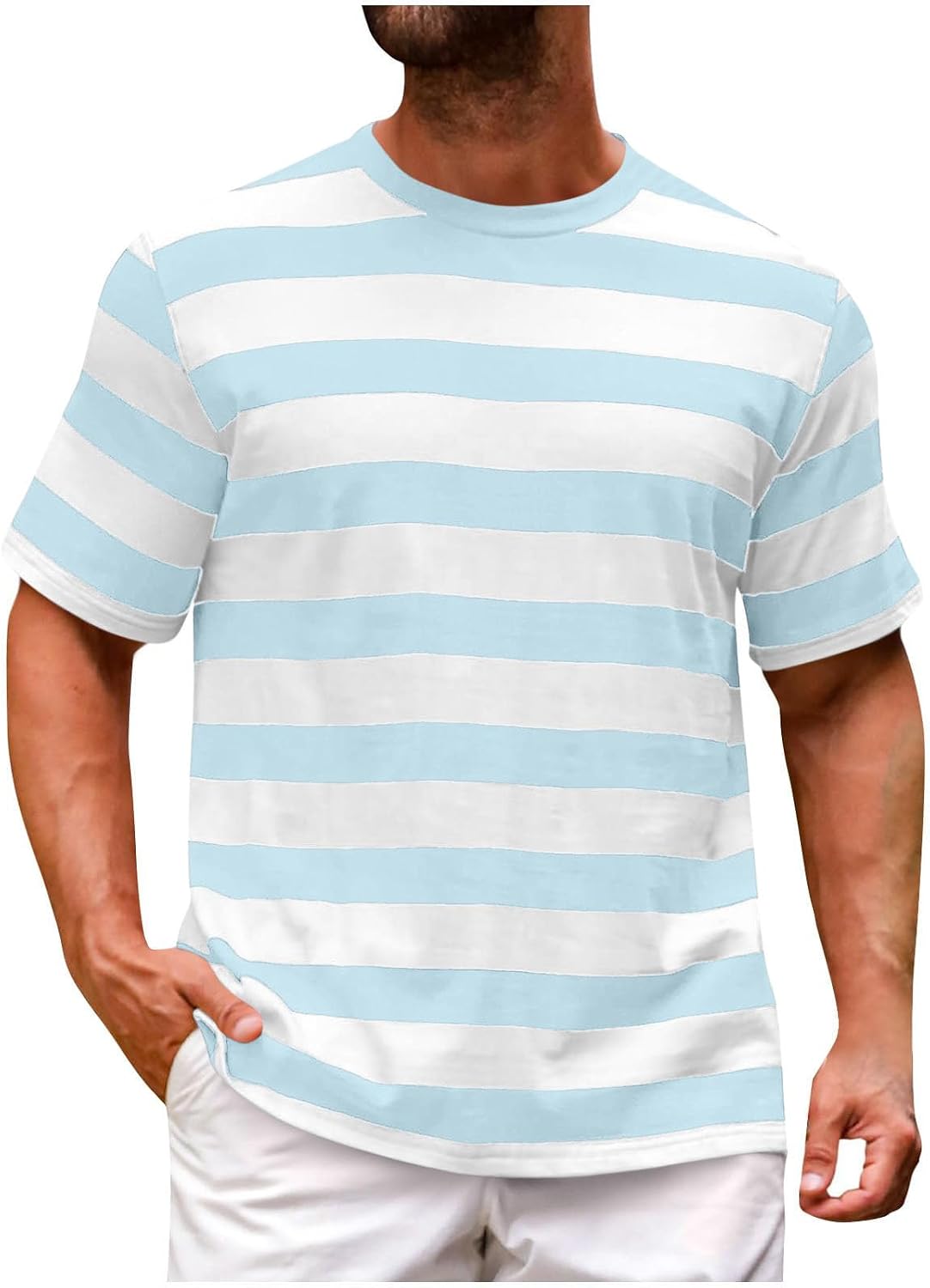 Mens Short Sleeve T-Shirts Striped Casual Shirts Crewneck Basic Shirt Color Block Stretch Tee Summer Beach Tees