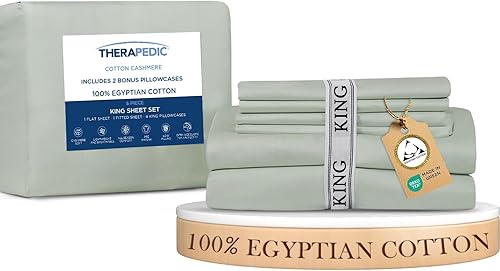 Therapedic Juego de sábanas de 6 piezas King 100% algodón egipcio Satén naturalmente refrescante y transpirable, lavado preencogido, sábana bajera