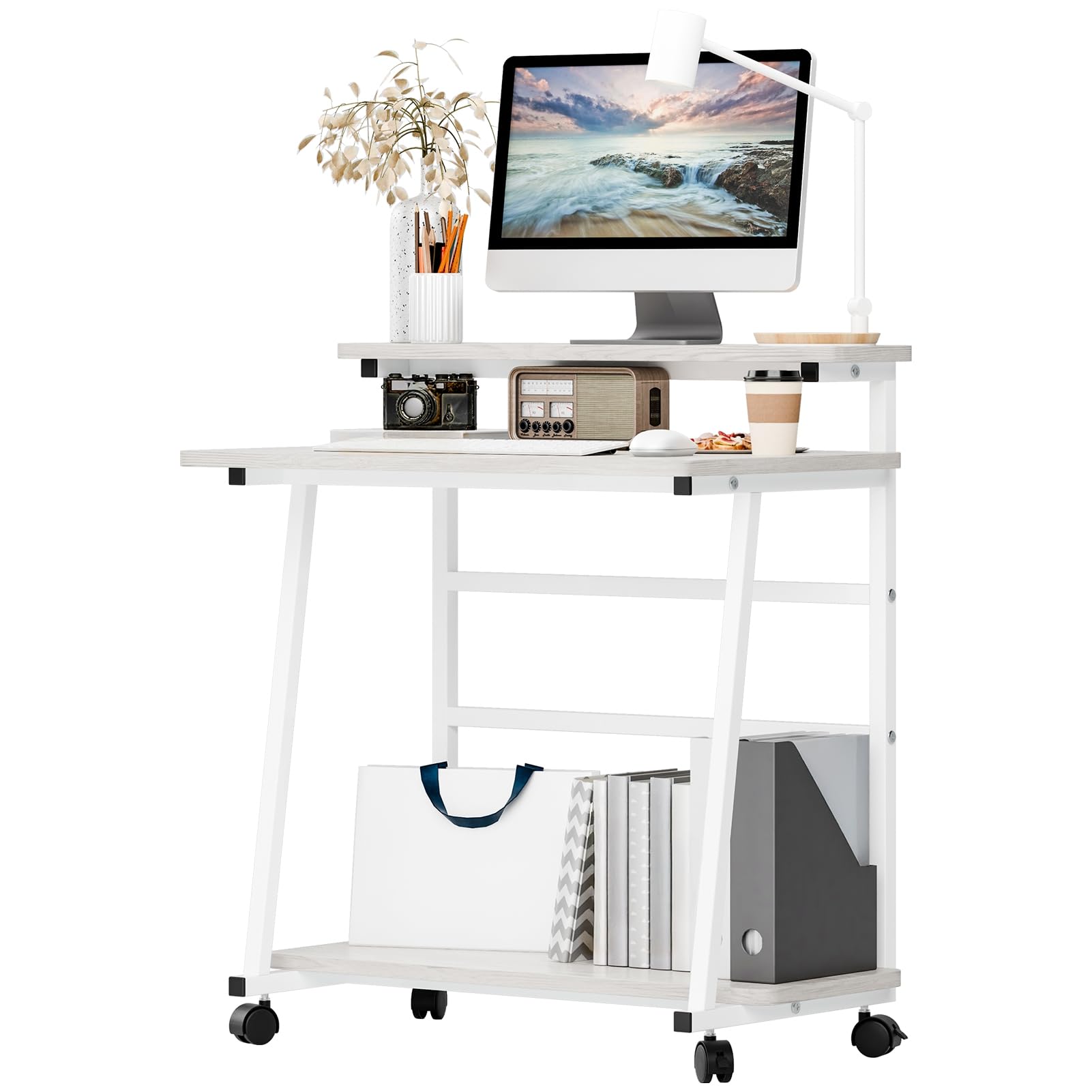 80x50cm Rolling Stand Up Desk 3-Tiers Mobile Portable Laptop PC Desk for Sofa and Bed Small Standing Table