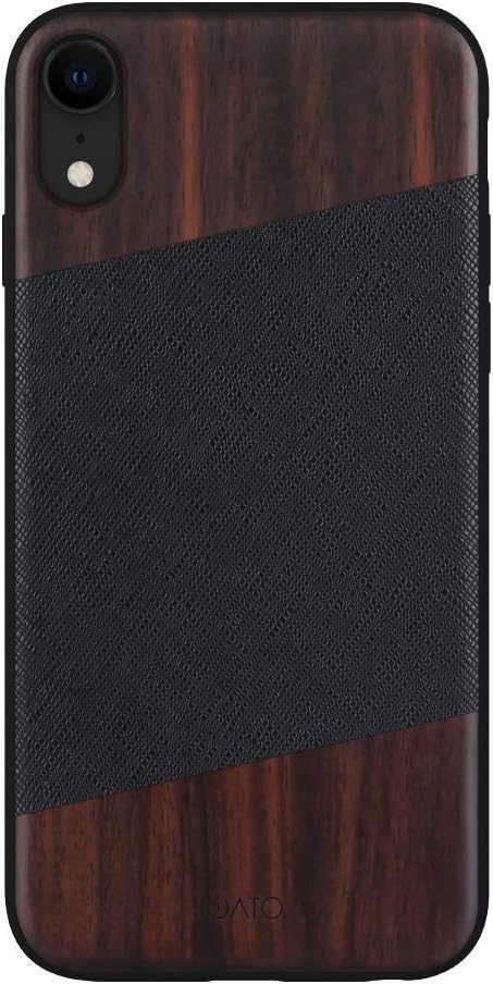 iATO iPhone XR Wood Case [Wireless Charging Compatible] Real Bois de Rose Wood & Genuine Black Saffiano Leather [Protective] Cover. [Unique & Classy] Accessory for iPhone XR 6.1 inch