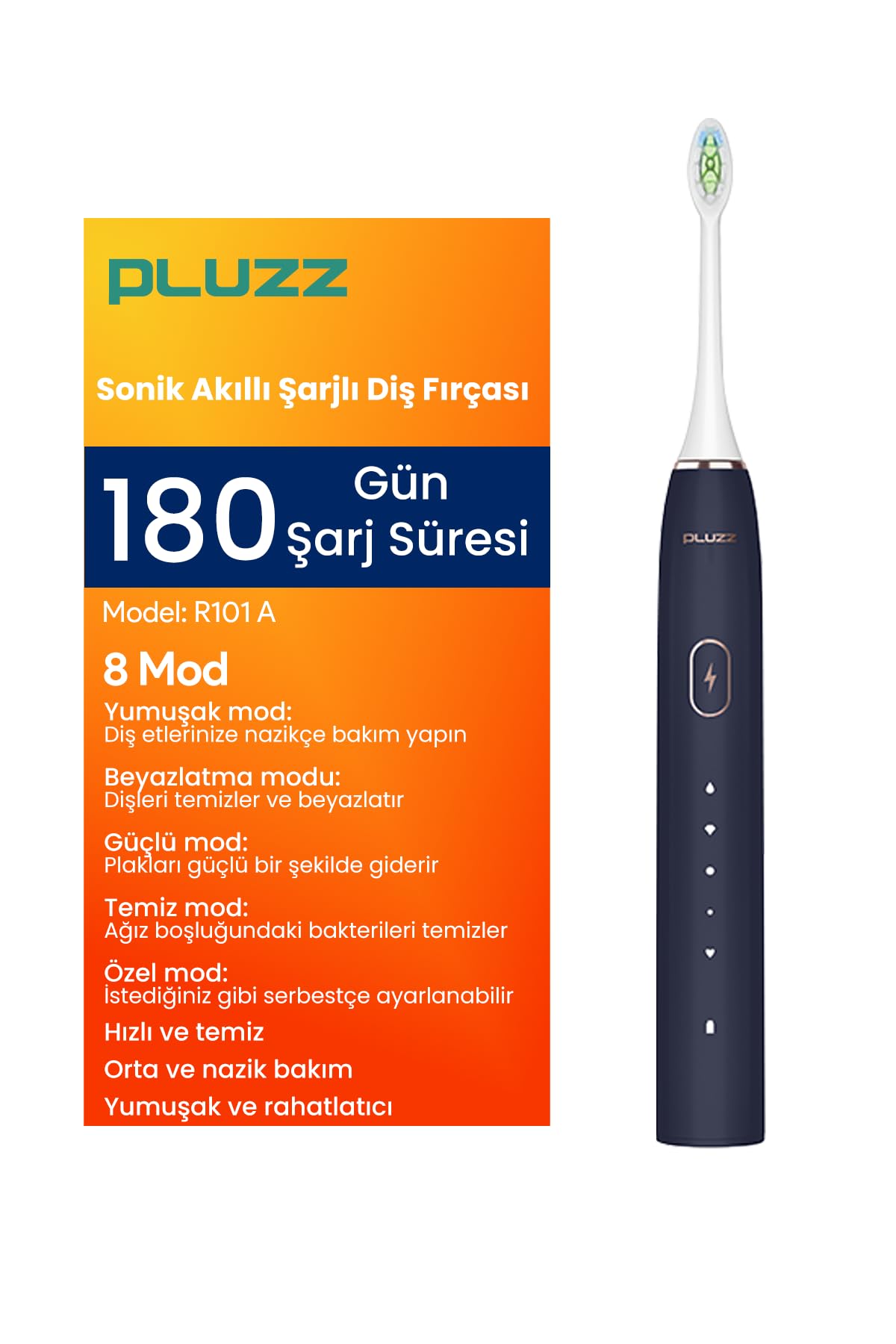 Pluzz Smart Sonic Elektrikli Şarjlı Diş Fırçası 180 Gün Şarj Süresi (LACİVERT)
