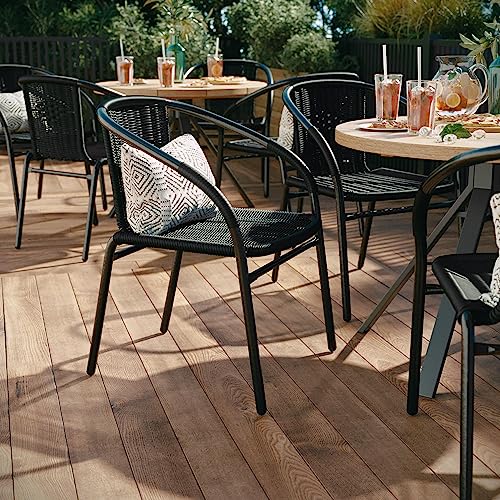 Image of EMMA + OLIVER Set of 4 Modern PE Rattan Stack Chairs, Indoor /Outdoor Patio Dining Chairs, No Assembly Required, Black