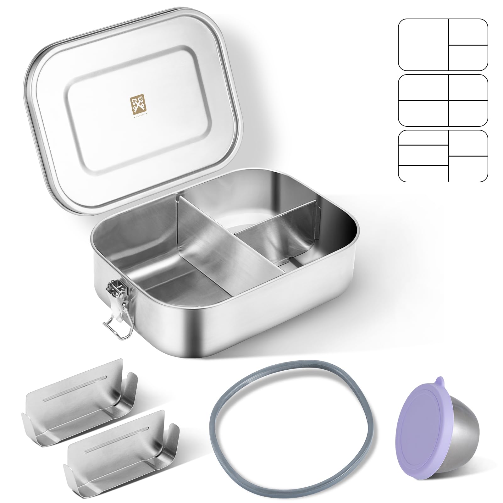 GOLDEN KEY Stainless Steel Lunch Box 1400ml, Metal Lunch Box Adults, Lunch Box with Compartments and Replacement Silicone Ring, Bento Lunch Box Leak-Proof Food Containers for Work Picnic Purple