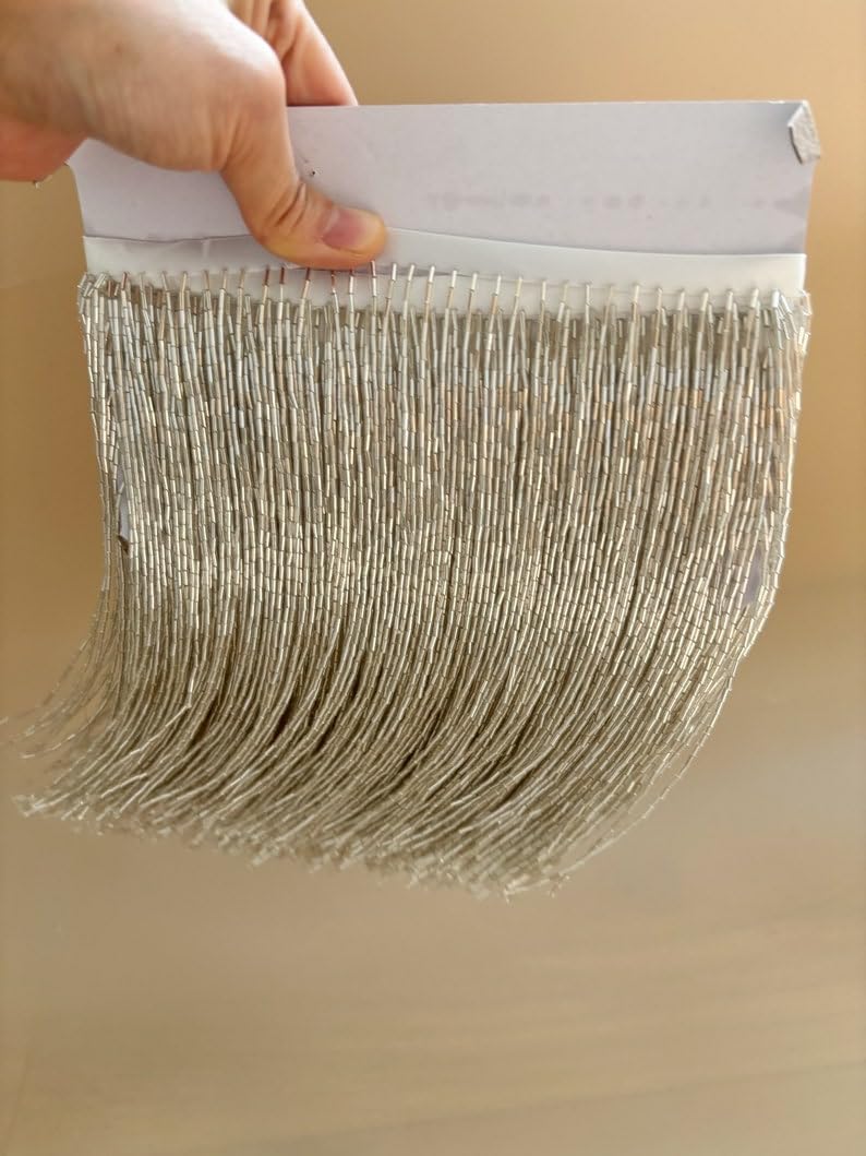 Premium Quality Silver Bead Fringe Trim for Haute Couture, Dance Costume, Party Decors, Bugle Bead Fringe Trim 20 cm Wide 5 Yard Pack