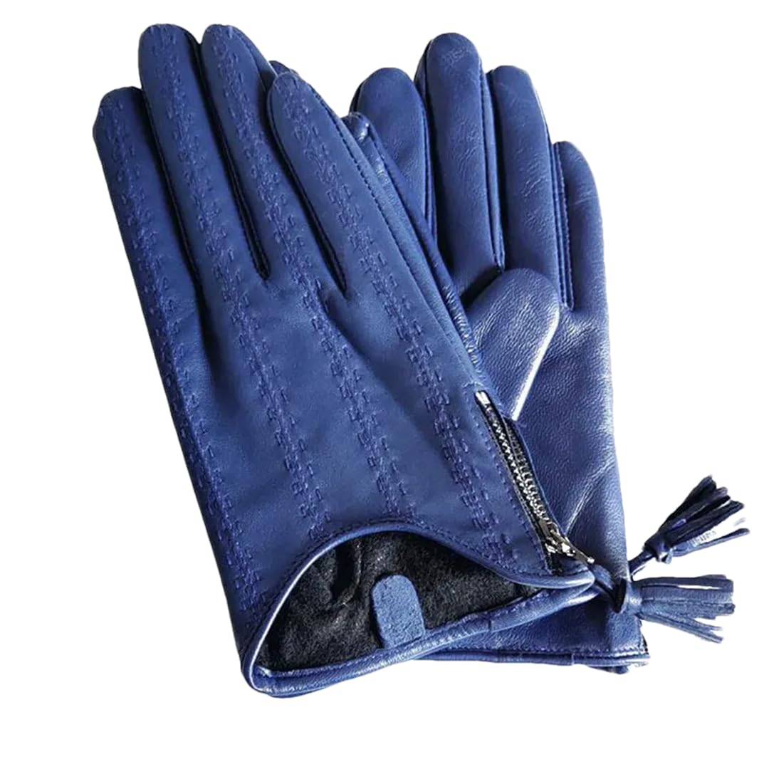 Guantes de conducción con flecos de poliuretano para mujer, estilo corto, con cremallera, para otoño e invierno, con forro de terciopelo, color azul, talla L, 2, L