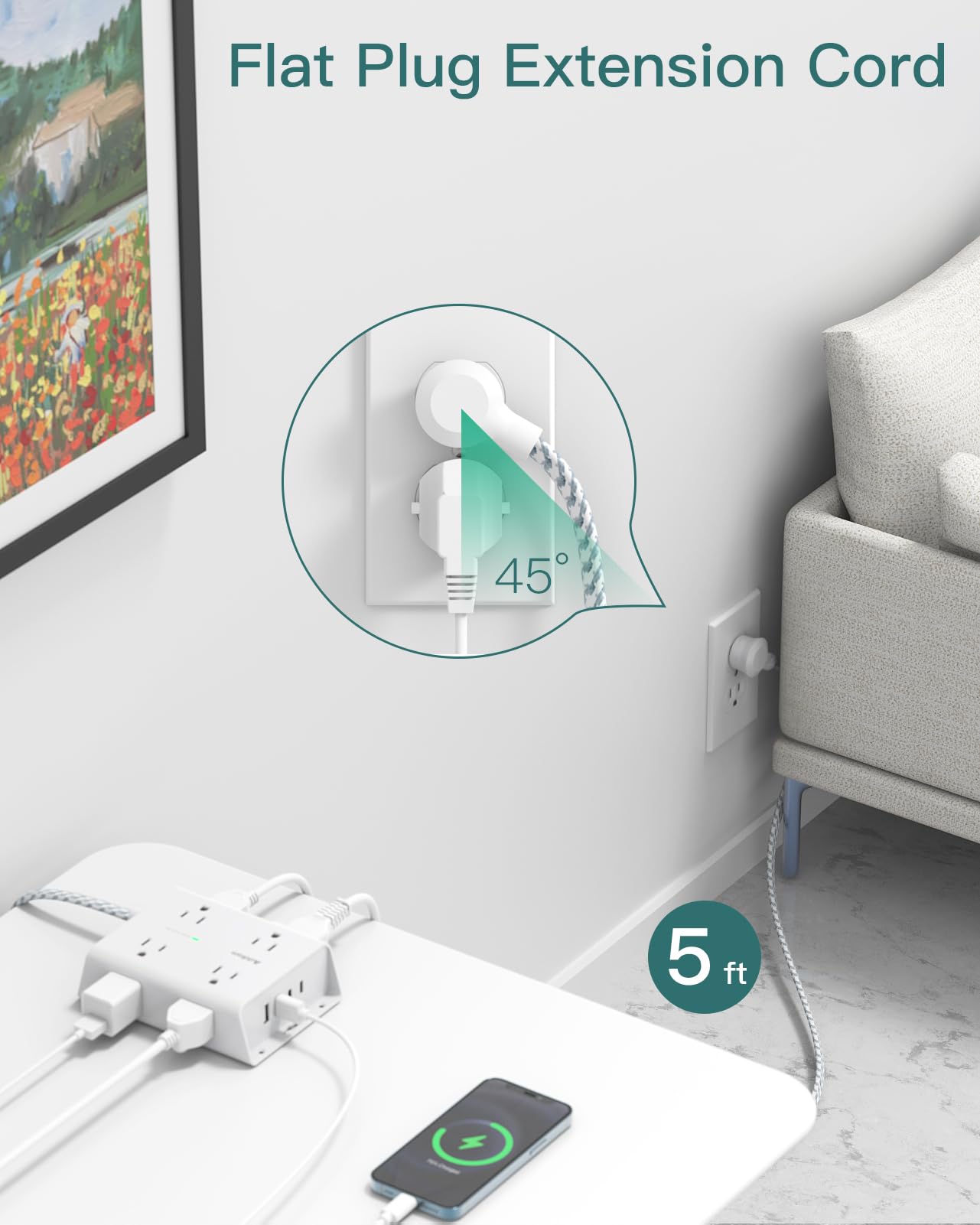 Protector de sobretensiones - 8 salidas extensas con 4 puertos USB (1 toma USB C),tira extensora de salida de 3 lados con cable de extensión de 5 pies, enchufe plano, soporte de pared para dormitorio
