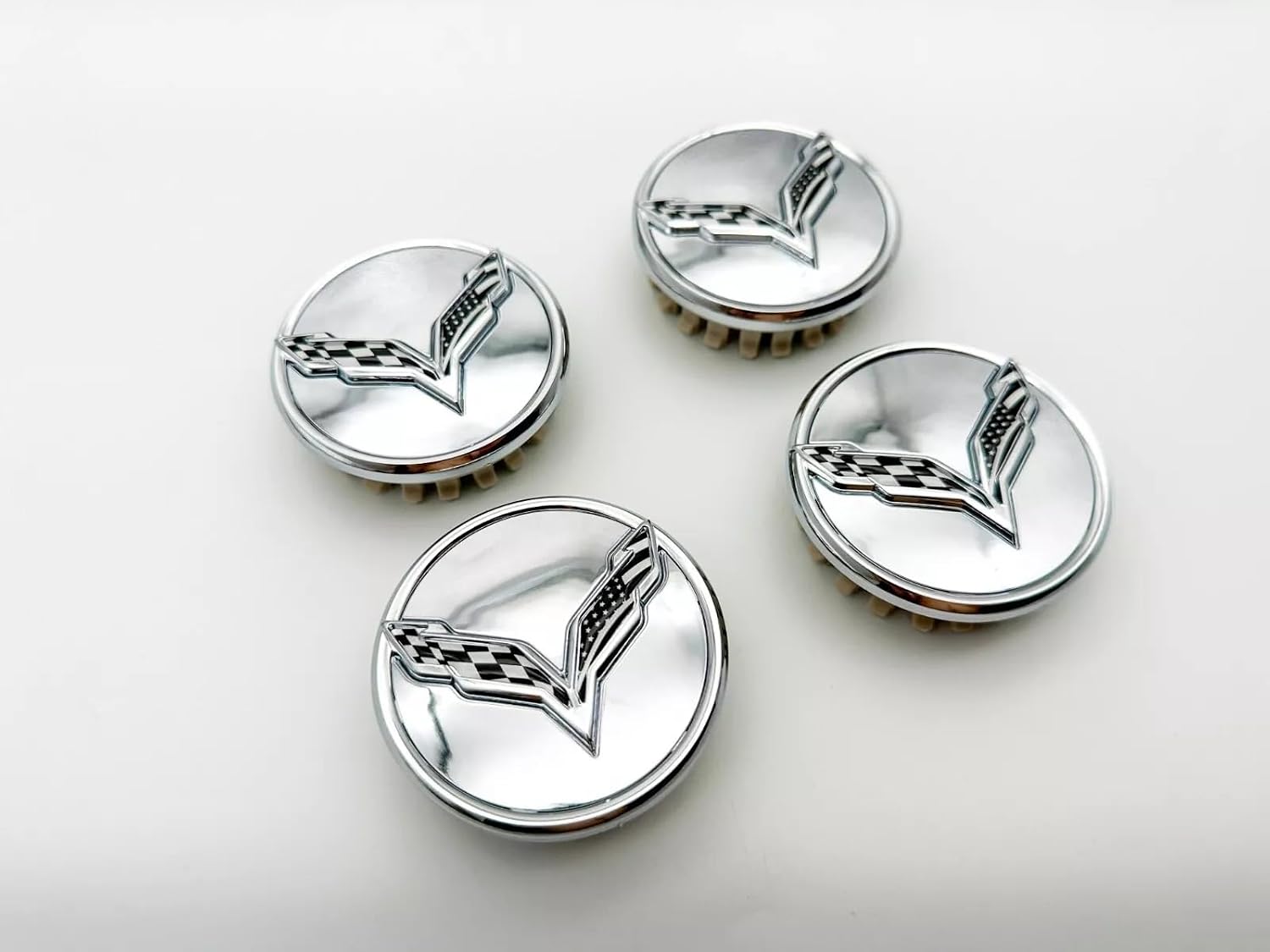 Set of 4Pcs Wheel Center Cap Replacement for 2014+ C7 Corvette Stingray Center Caps w/Crossed Flag Logo 68mm 2.7" 23217059 (Chrome White)