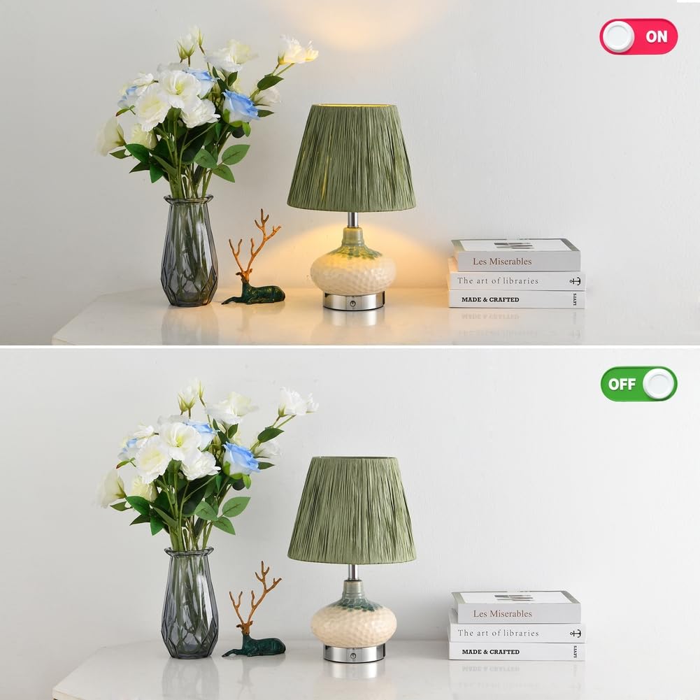 Kabellose Keramik Tischlampe mit Touch Dimmbar, E27 Batteriebetriebe Tischleuchte mit Ladefunktion USB A+C Anschlüssen Grün Lampeschirm Tragbare Nachttischlampe für Schlafzimmer Wohnzimmer