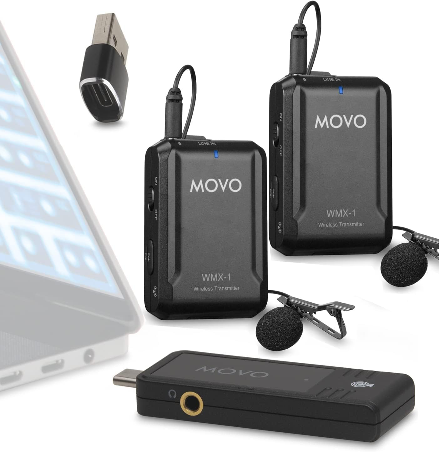 Movo WMX-1-UL-DUO Wireless Lavalier Microphone for Computer, Smartphones, and Tablets- Wireless USB & USB-C Receiver, Transmitter, and Omnidirectional Lav Mic