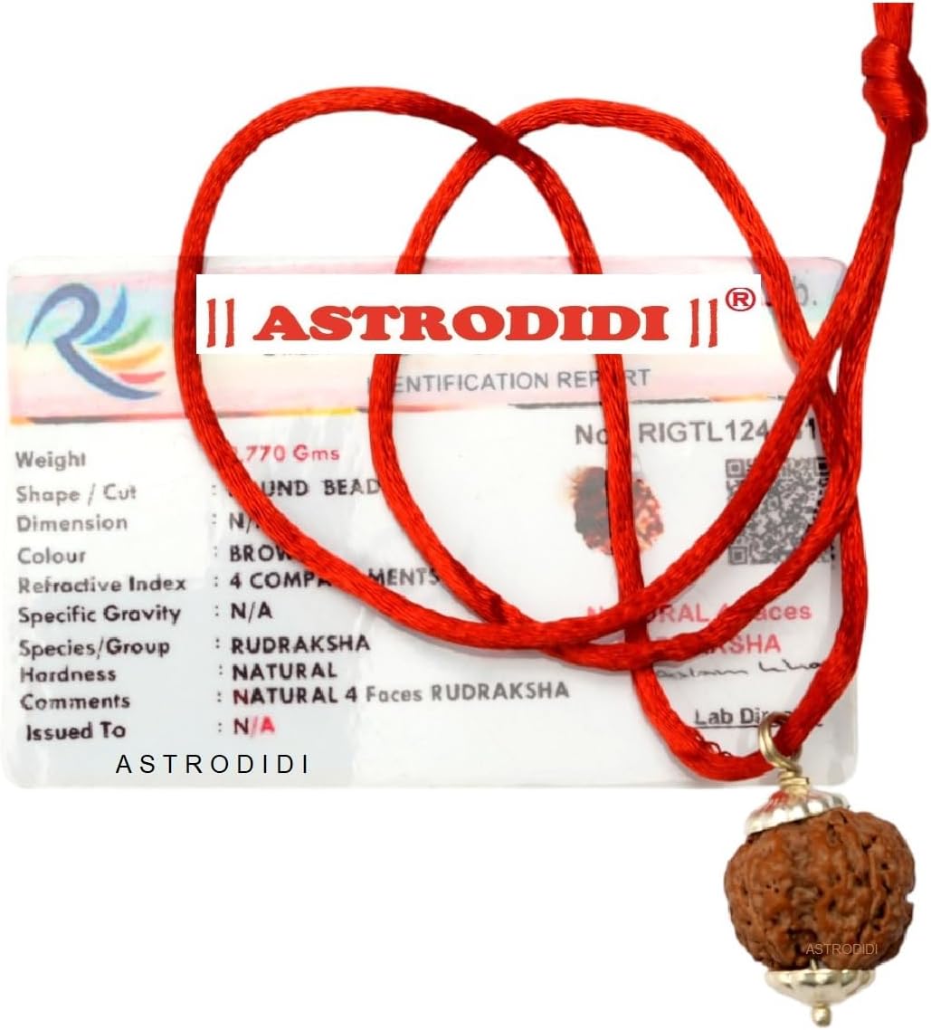 ASTRODIDI 4 Mukhi Rudraksha Original Certified Silver Plated Pendant | Natural Nepali Four Face Rudraksh | Astrological Benefits | Unisex Design for Men & Women