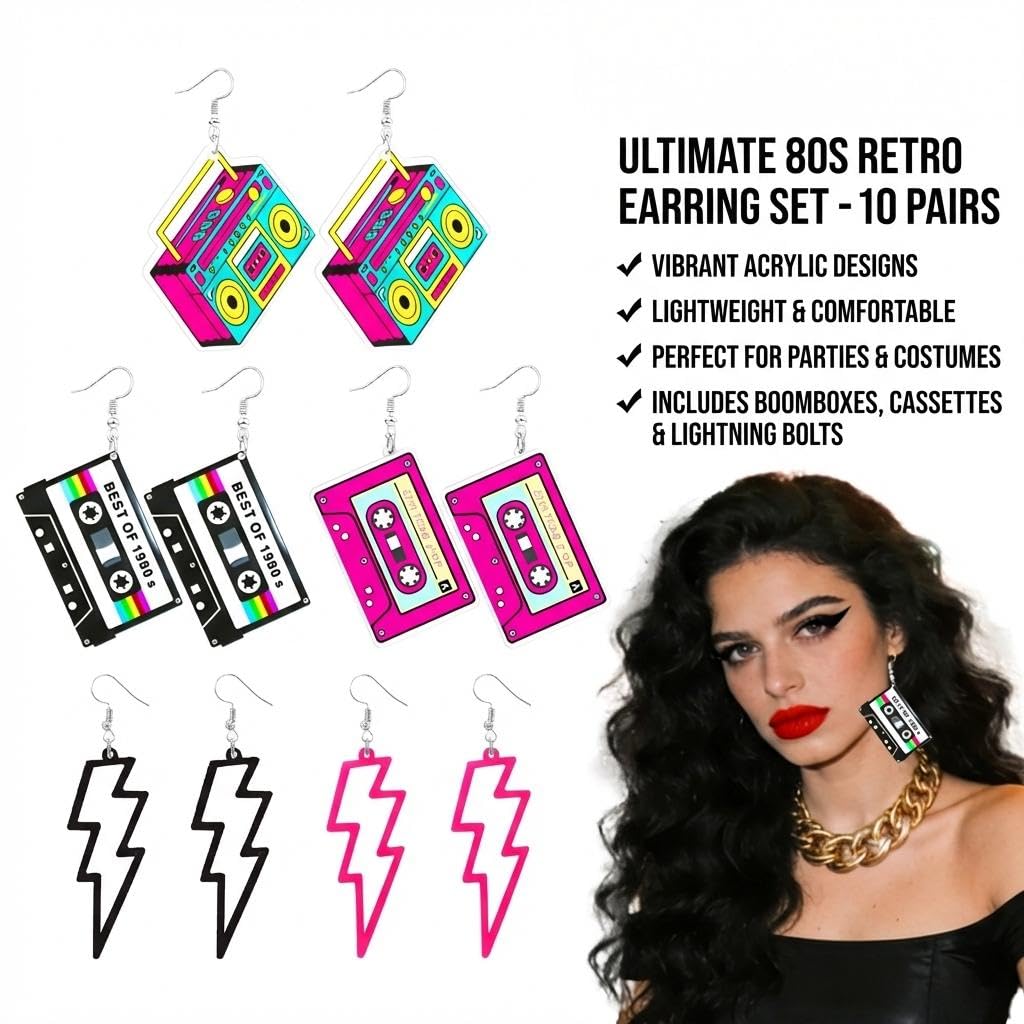 Pendientes de Neón Años 80 Retro Cintas de Casete 6 Pares Mujer