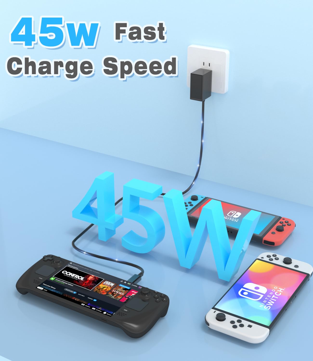 Switch Charger for Nintendo,45W AC Power Supply Adapter Compatible with Switch Lite OLED/Steam Deck,Fast Charge Support Switch TV Dock Mode Output 15V3A with 5FT USB Type-C Charging Power Cord Cable — view 3