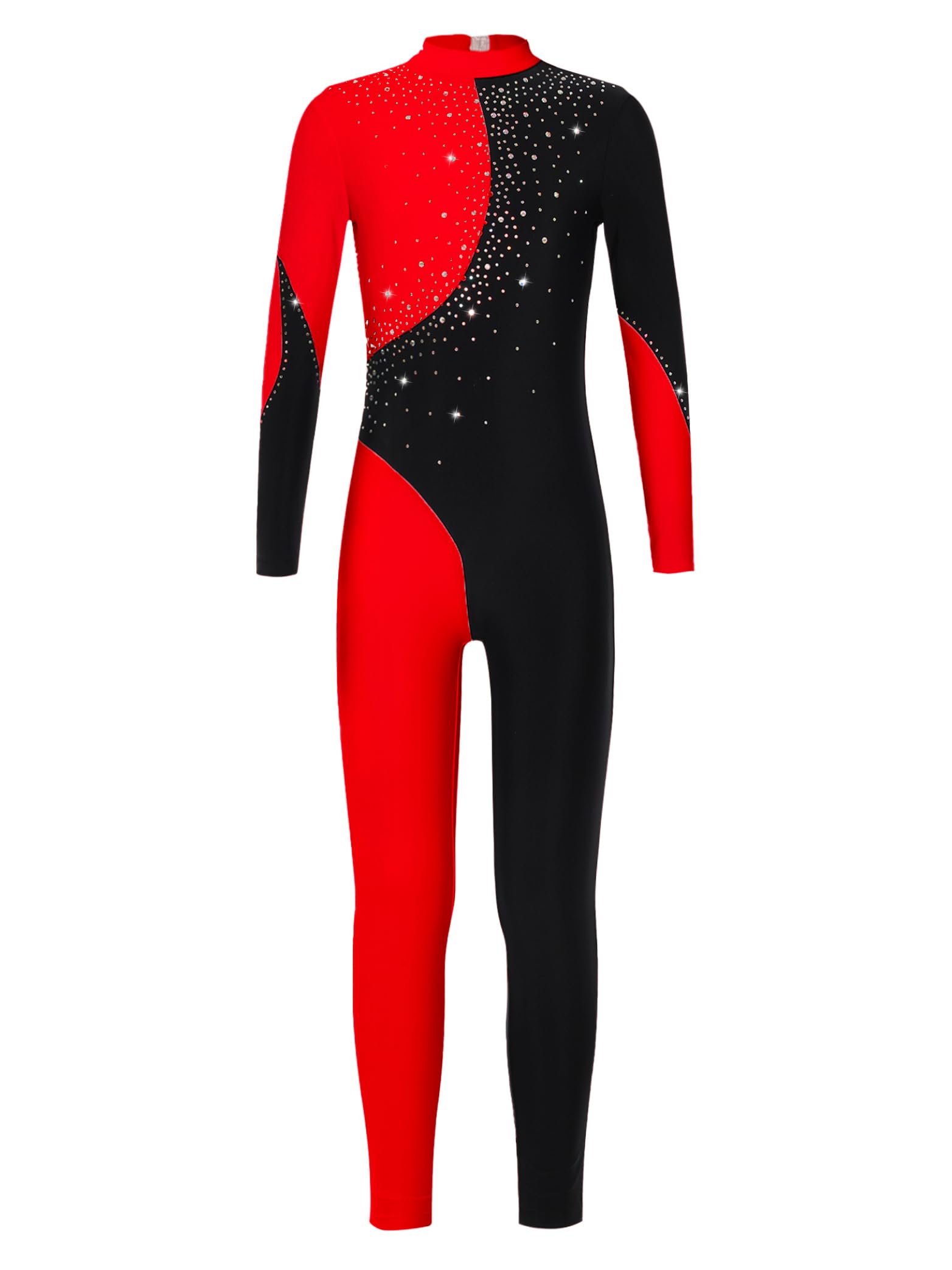 Miaeowve Kids Girls Long Sleeve Unitard Gymnastics Ballet Leotard Bodysuit One Piece Full Body Leotard Dance Costumes Black&Red 13-14 Years