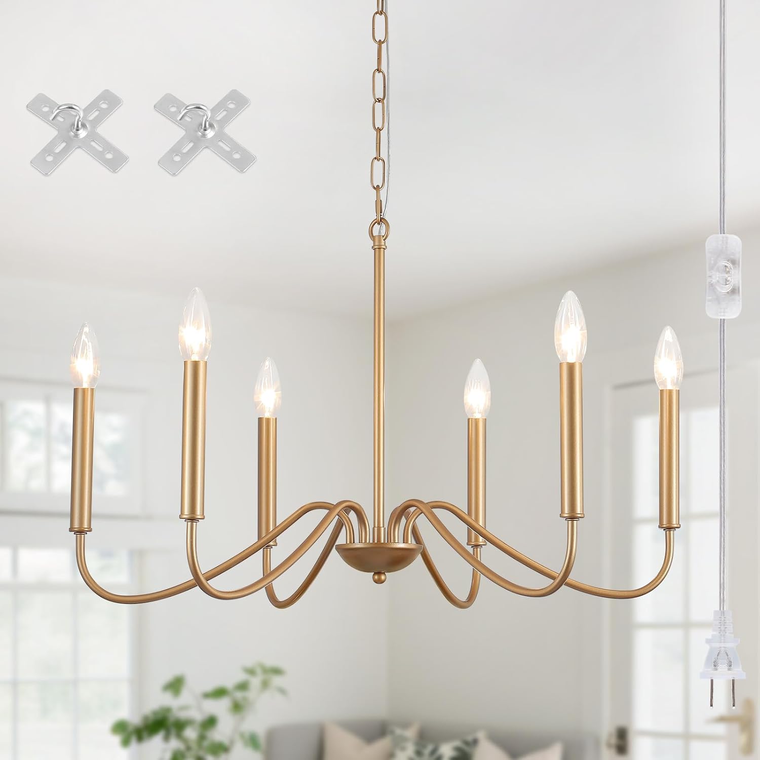 6 Light Plug in Chandelier, Pendant Light Hanging Light Fixture with Plug in Cord 15.1ft & Switch, Plug in Gold Chandeliers for Dining Room Living Room Bedroom Kitchen Island