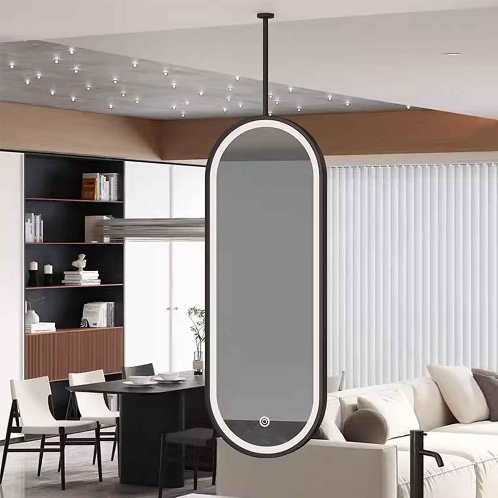 FGXHHS Modern Oval LED Vanity Mirror with Ceiling Rod Black Metal Framed Bathroom 3 Colors Dimmable Lighting Makeup Mirror(50cmx80cm)