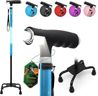 BeneCane Quad Cane Walking Cane with Two Led Lights with Big Base T Handle＆Lightweight Adjustable Walking Stick Four Pronged Sturdy for Men and Women