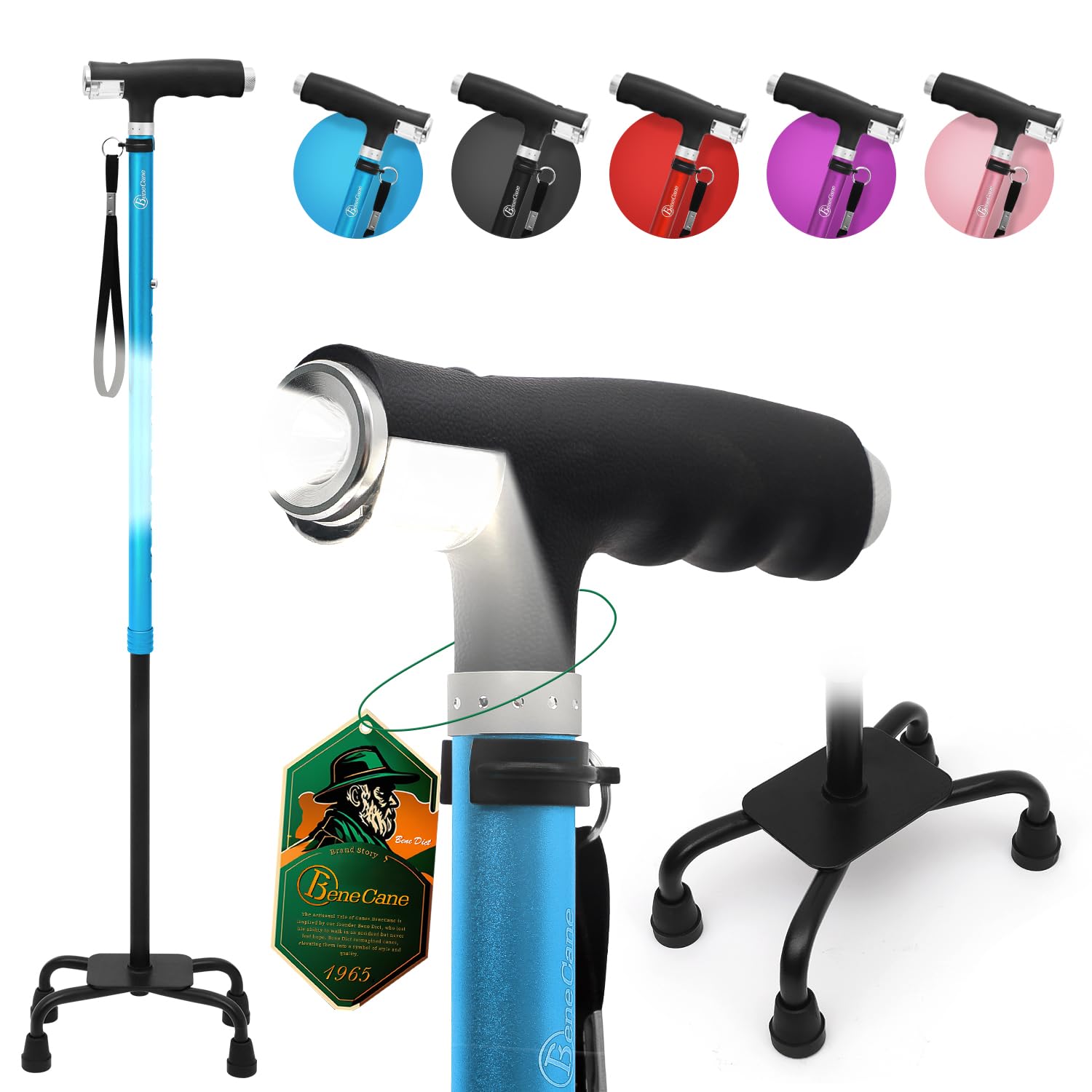 BeneCane Quad Cane Walking Cane with Two Led Lights with Big Base T Handle＆Lightweight Adjustable Walking Stick Four Pronged Sturdy for Men and Women