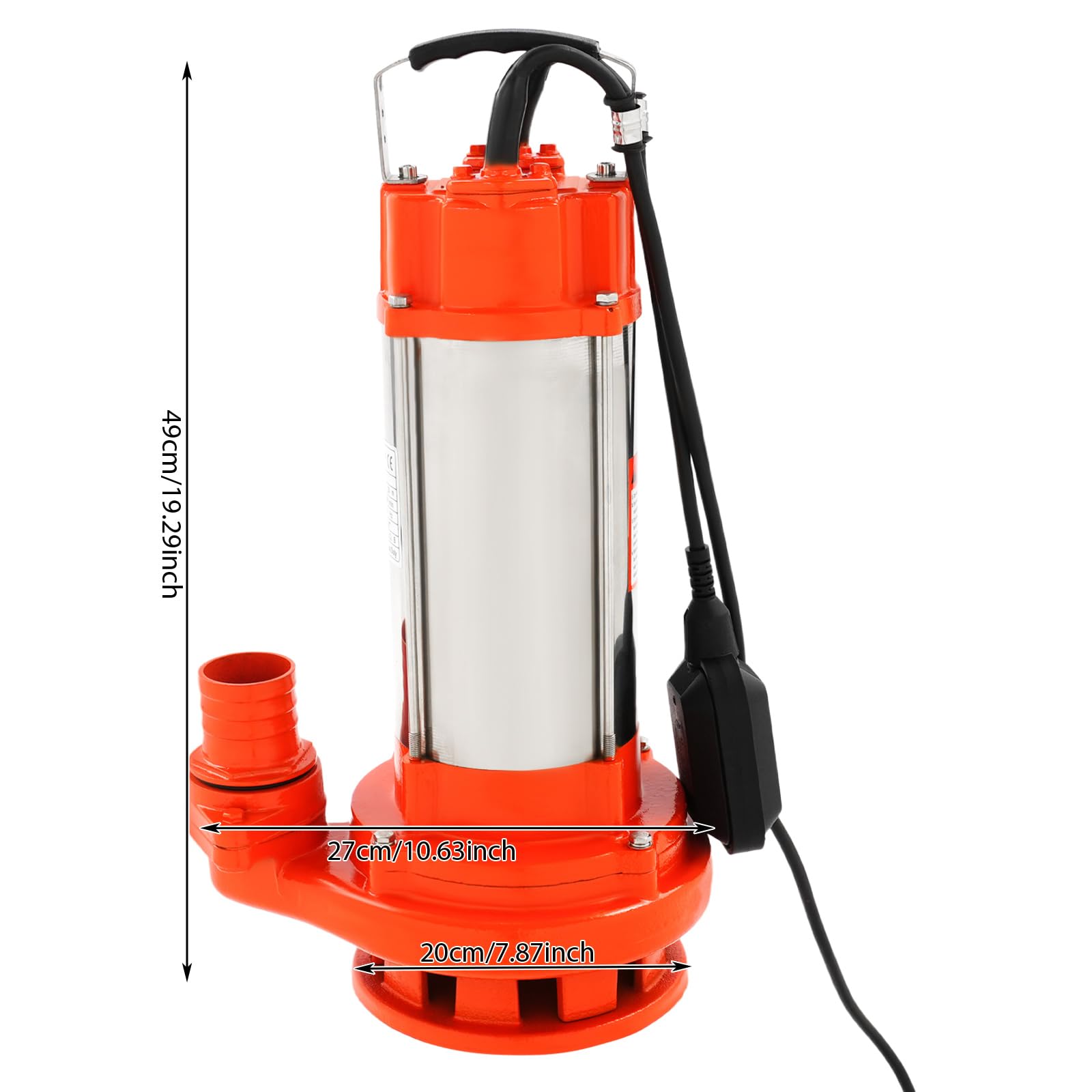Bomba de agua sucia, 2200 W, 26000 l/h, bomba sumergible con interruptor de flotador, acero inoxidable, altura de impulsión 25 m, bomba fecal con asa, bomba con trituradora (naranja)