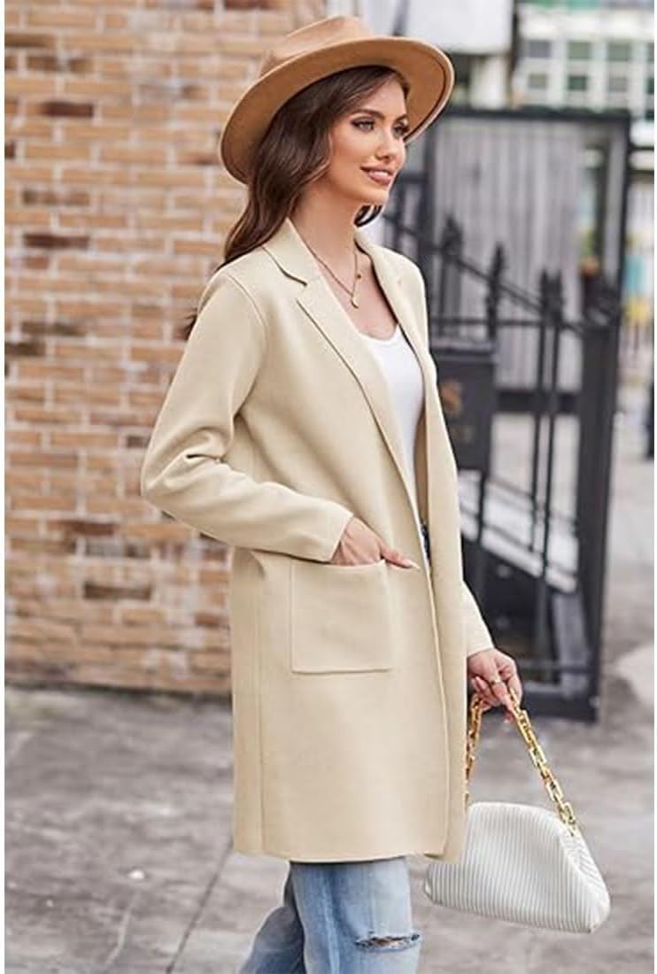 New Lapel Classy Coatigan, Women's Open Front Coatigan, Long Sleeve Lapel Casual Solid Classy Sweater Jackets