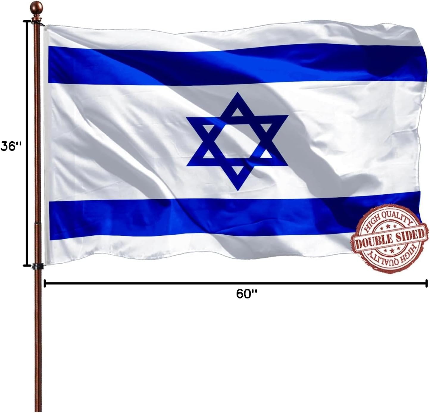 Double Sided Israeli Flag 3x5 Banner Outdoor- Heavy Duty 3Ply 240D Polyester Vivid Colors- Israel Flag Banner 3x5 Large -4 Rows Stitched and Canvas Header with 2 Brass Grommets