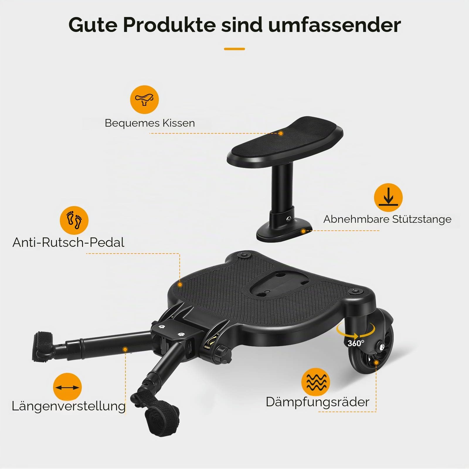 Buggy Board mit Sitz, FNRIDS Trittbrett für Kinderwagen Universal, mit Aufhängegurt, Stabiles Two Wheel Design, 360 Drehbar, Kinderwagenzubehör für Kinder von 2 bis 6 Jahren (Bearing 25 kg)