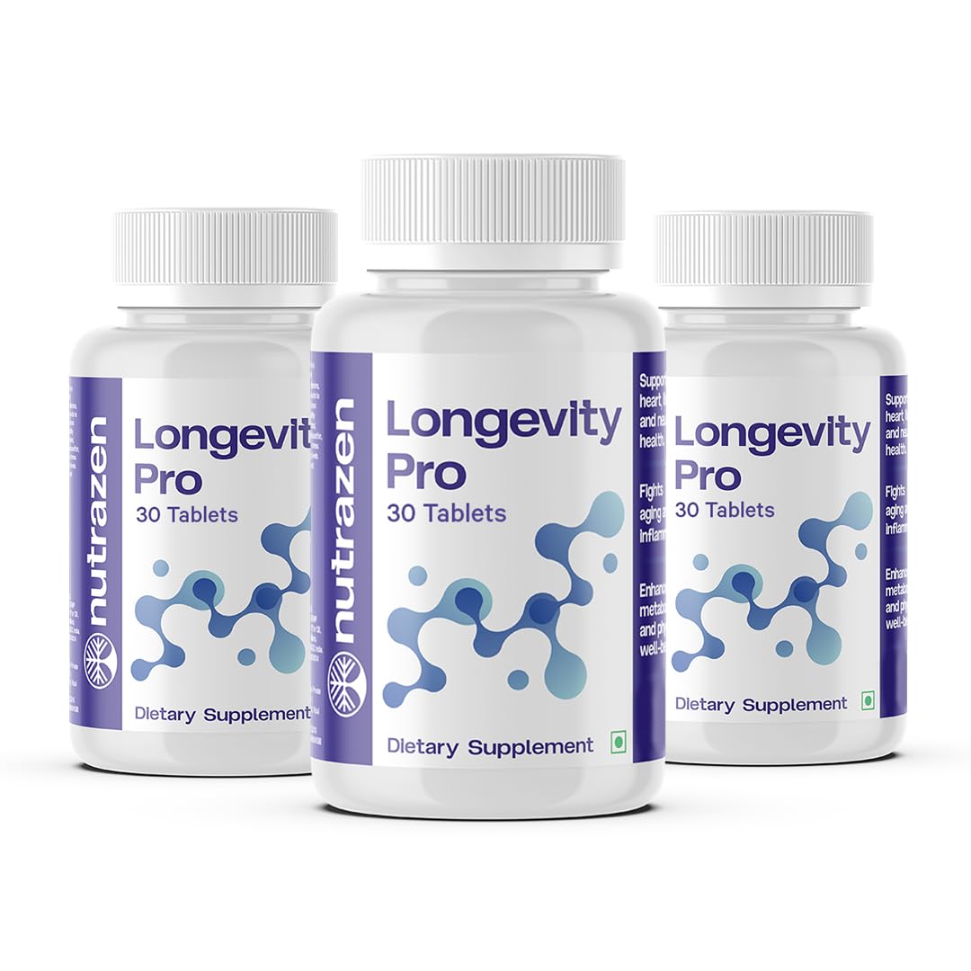Nutrazen Longevity Pro - Pack of 3, 90 Tablets | Resveratrol, CoQ10, AHA | L-Acetyl Carnitine,EGCG, Curcumin, L-Camosine, Hyaluronic Acid, Fisetin, Apigenin, Astaxanthin, Spermidine, Lycopene discount deal