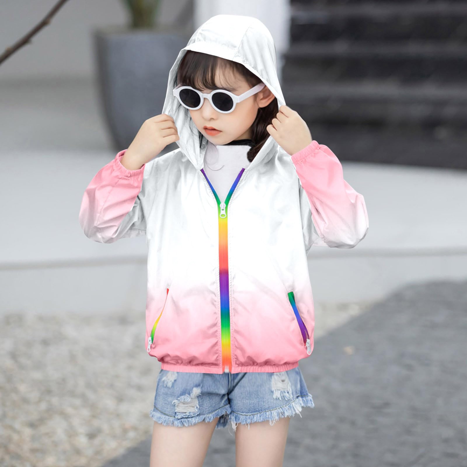 Veste Enfant Fille Imperméable, Manteau de Pluie Léger, Vestes De Protection Solaire LéGèRe Respirante Manteau à Capuche Blouson Coupe-Vent Filles Manche Longue Zipper Poche Enfant 2-12 Ans