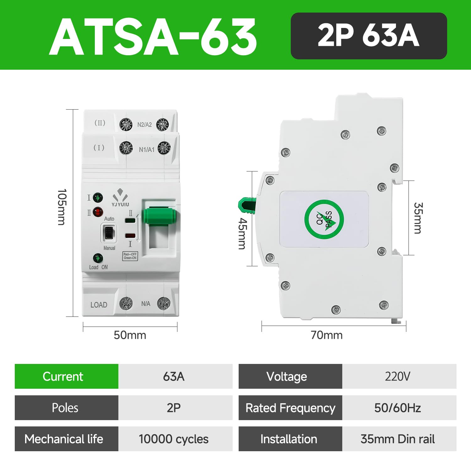 Automatischer Transferschalter mit Doppelter Stromversorgung, Elektrischer Wahlschalter, Unterbrechungsfreie Stromversorgung auf DIN-Schiene, Automatische/Manuelle Umschaltung (2P 63A 230V)