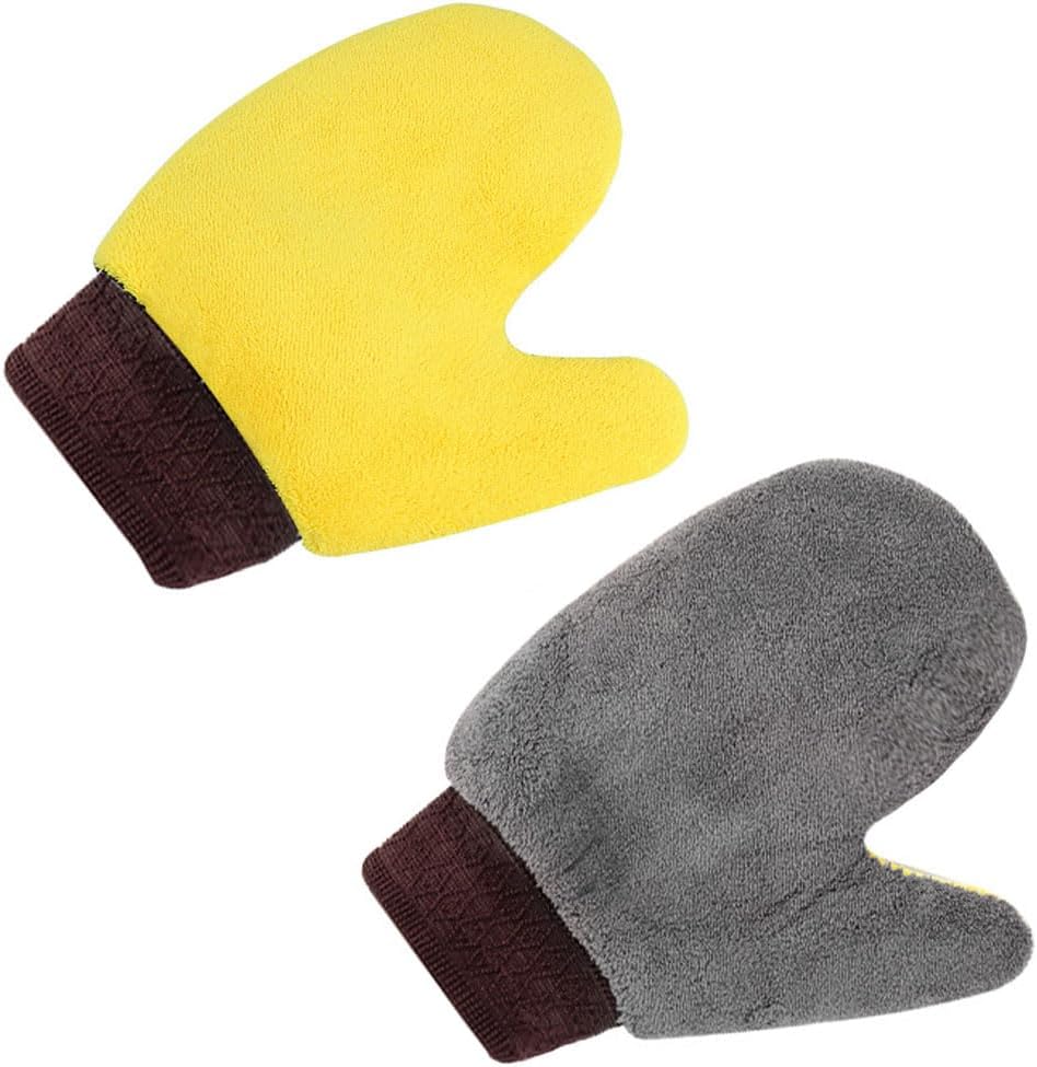 Loopunk 2 Sets Yellow gray Professional Scratch Free Polishing Cleaning Mitts,Double-sided coral fleece gloves,Automobile cleaning tool,Car wash gloves.Used for car cleaning.(Yellow gray)
