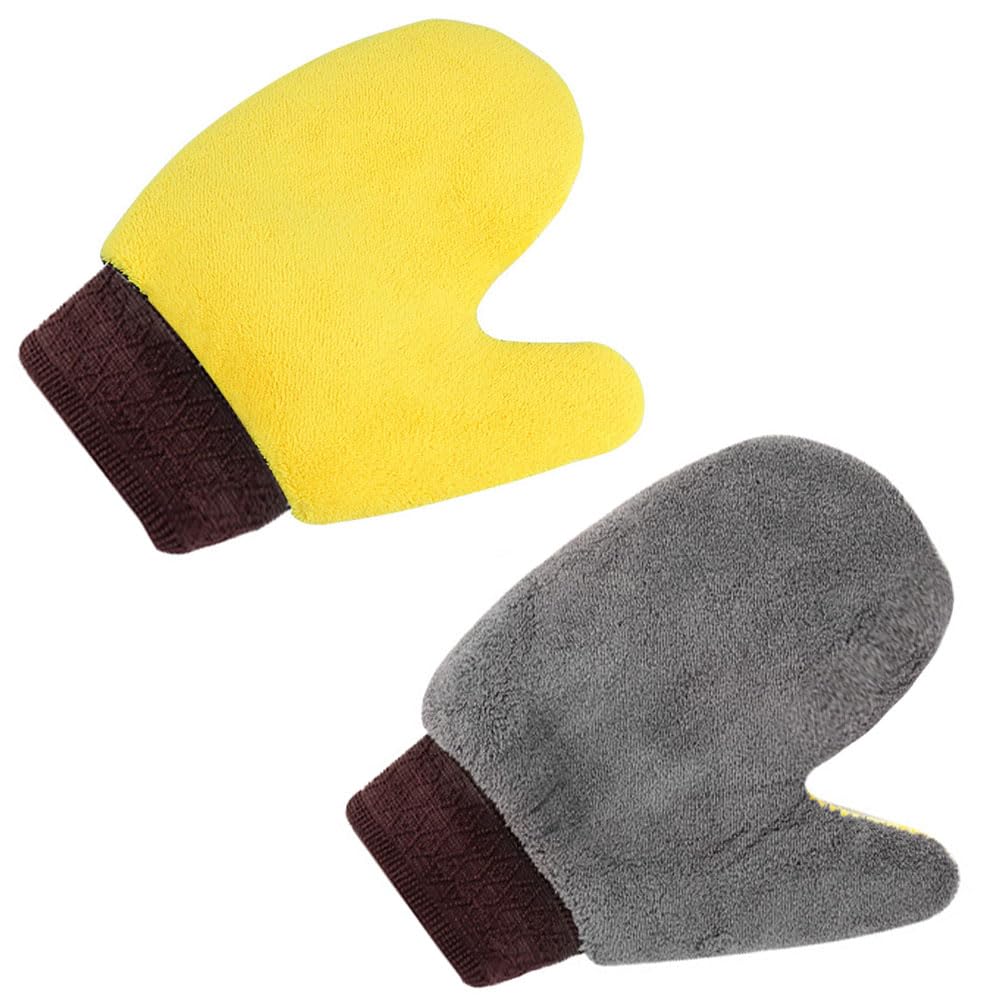 Loopunk 2 Sets Yellow gray Professional Scratch Free Polishing Cleaning Mitts,Double-sided coral fleece gloves,Automobile cleaning tool,Car wash gloves.Used for car cleaning.(Yellow gray)