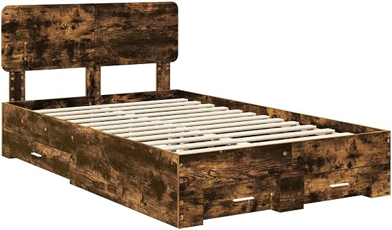 Bed Frame with Drawer Smoked Oak Engineered Wood 135 x 190 cm Double Size Storage Bedroom Furniture with Slatted Base and Headboard for Organized Living