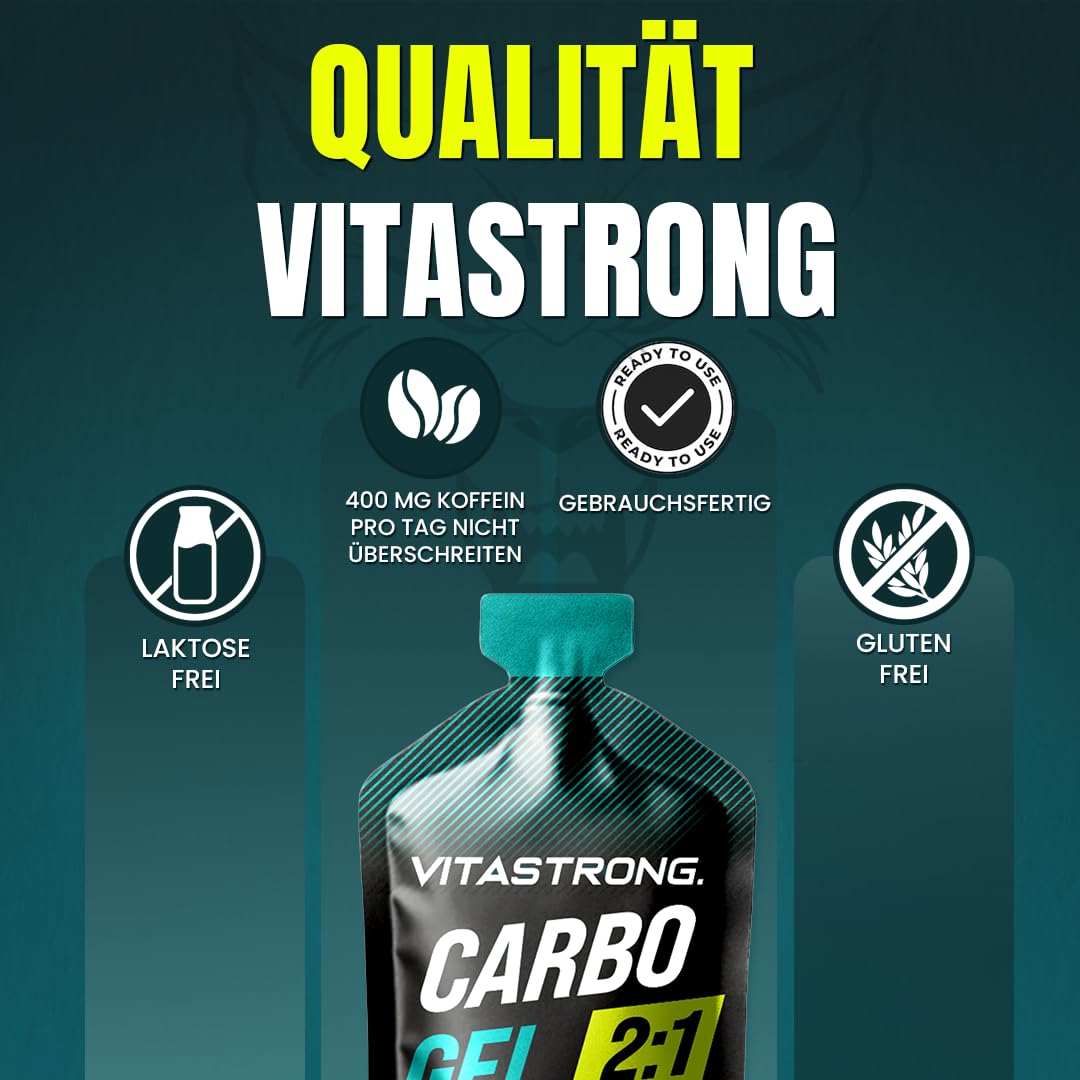 Vitastrong Carbo Gel 2:1 Energy, 24 x 60ml Monodosis, 40g Kohlenhydraten, 56mg Magnesium und 300mg Kalium/Portion, Maltodextrin für Intra-Workout (60ml (24er-Packung), Kohlenhydratgel mit Koffein)