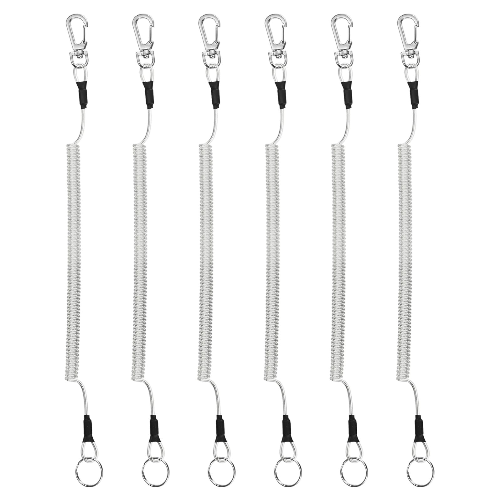 TIXIPEM 11.81IN Retractable Safety Coiled Lanyard [6PCS] - Steel Wire Fishing Rod Safety Lanyard with Zinc Alloy Lobster Clasp Use for Pliers Boating & Kayak Fishing - [Silver Tone]
