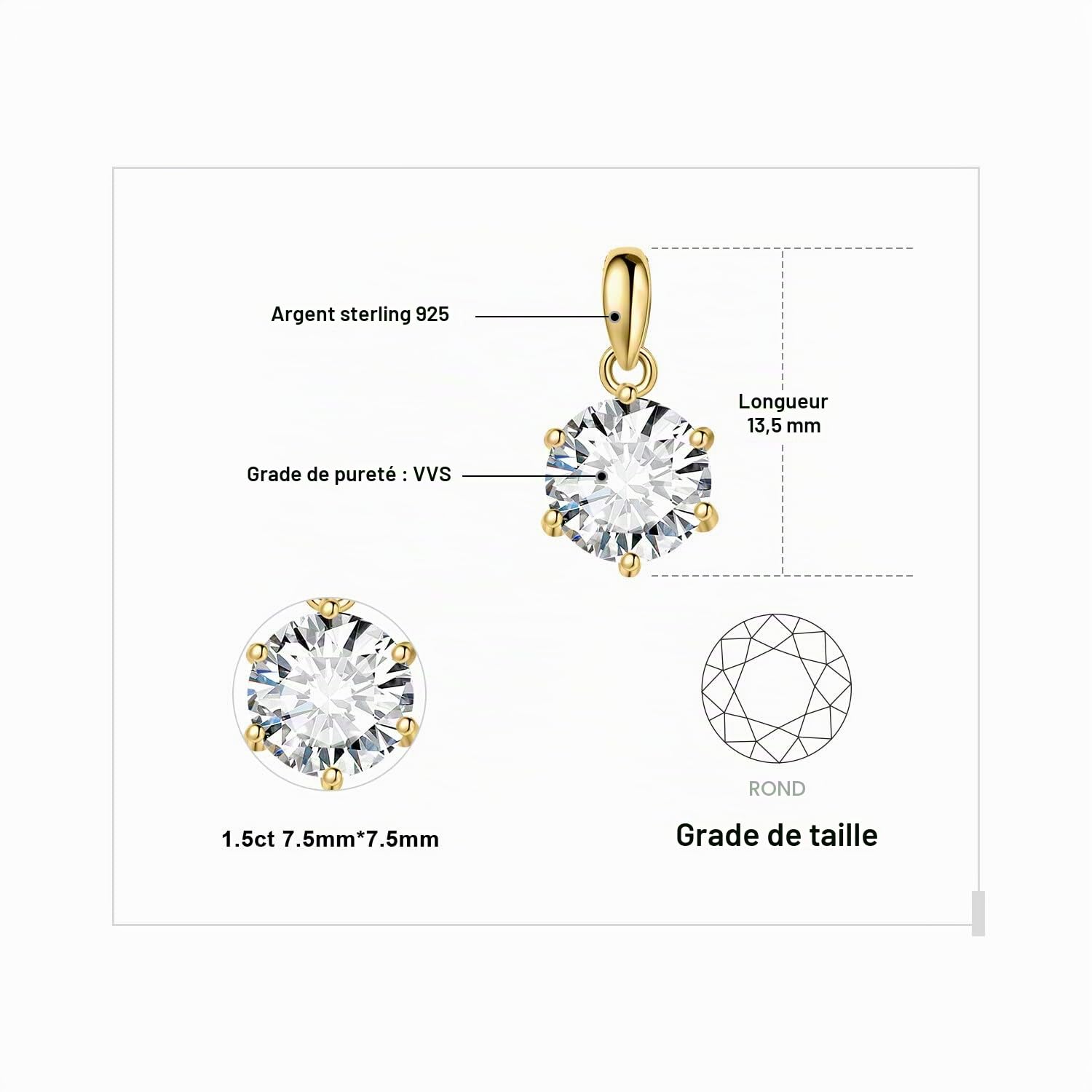 JewelryPalace 0.5-3ct Classique Moissanite Pendentif Taille Rond Solitaire Argent 925 Femme, Plaqué Or Jaune Or Rose Collier Chaine Diamant Simulé Mariage Mariee 45CM, Ensemble Parure de Bijoux Cadeau