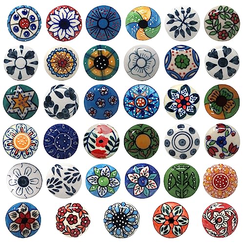 Ajuny Juego de 30 pomos de cerámica multicolor con diseño de flores, estilo vintage, pintados a mano