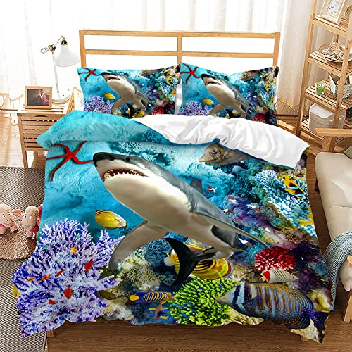 Cvhouse Shark Duvet Cover Twin Size,Ocean Sea Shark Bedding Set,Beach Shark Comforter Cover For Boys Kids Teens,1 Duvet Cover 2 Pillowcases 3 Piece #TOP10