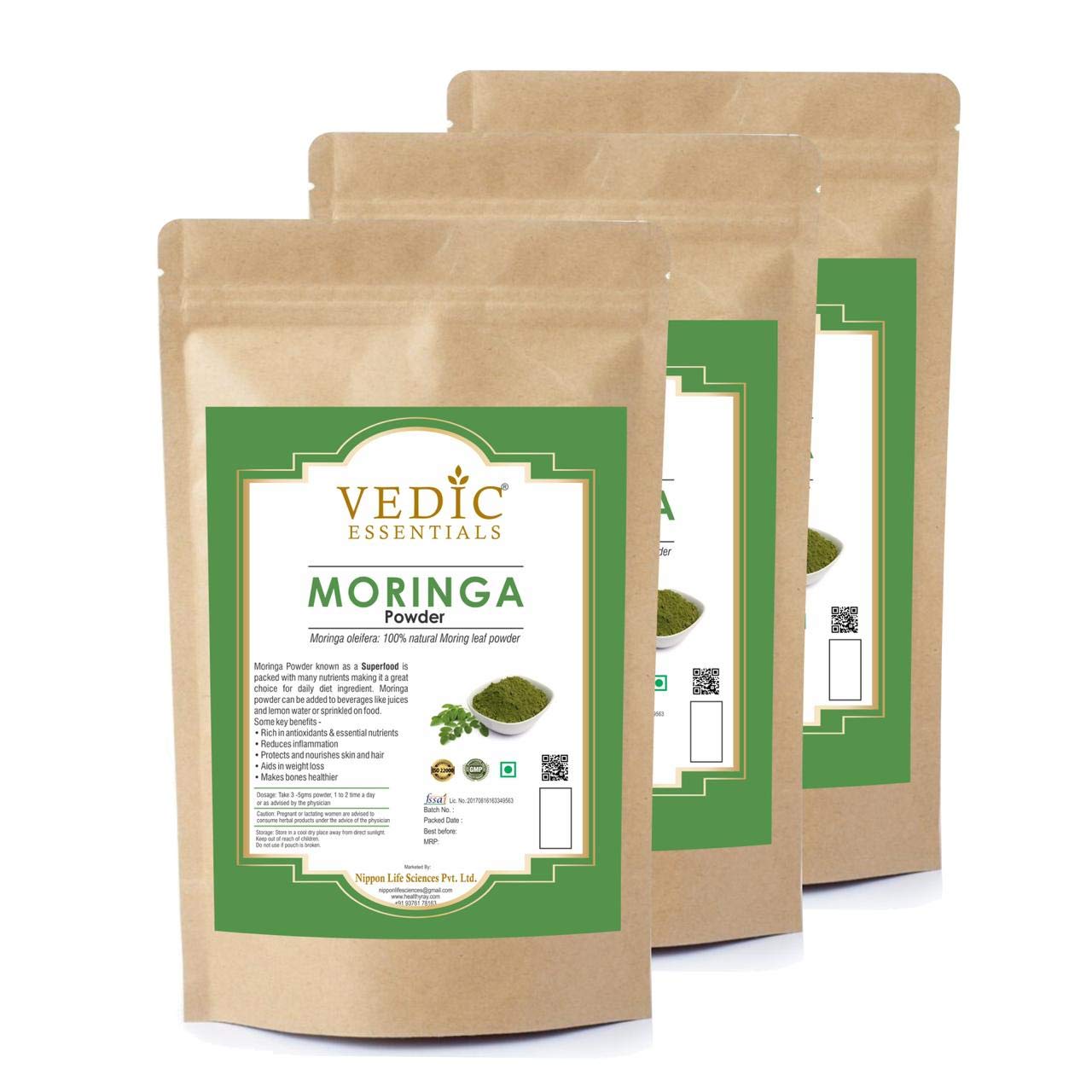 VEDIC ESSENTIALS Moringa Sahjan Drumstick Leaves Powder, Organic Moringa Leaf Powder Superfood for Nutrient-Dense Energy, Vegan Supplement, Immune Support, & Ayurvedic Benefits, 100 Grams (Pack of 3)
