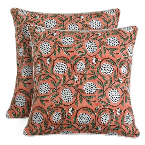 Ridhi Dark Salmon Pink Block Print Cotton Canvas Throw Pillow Covers for Decorative Couch Pillows for Living Room, Chic Boho Cute Outdoor Valentine Pillows Covers Gifts 18x18 Inches