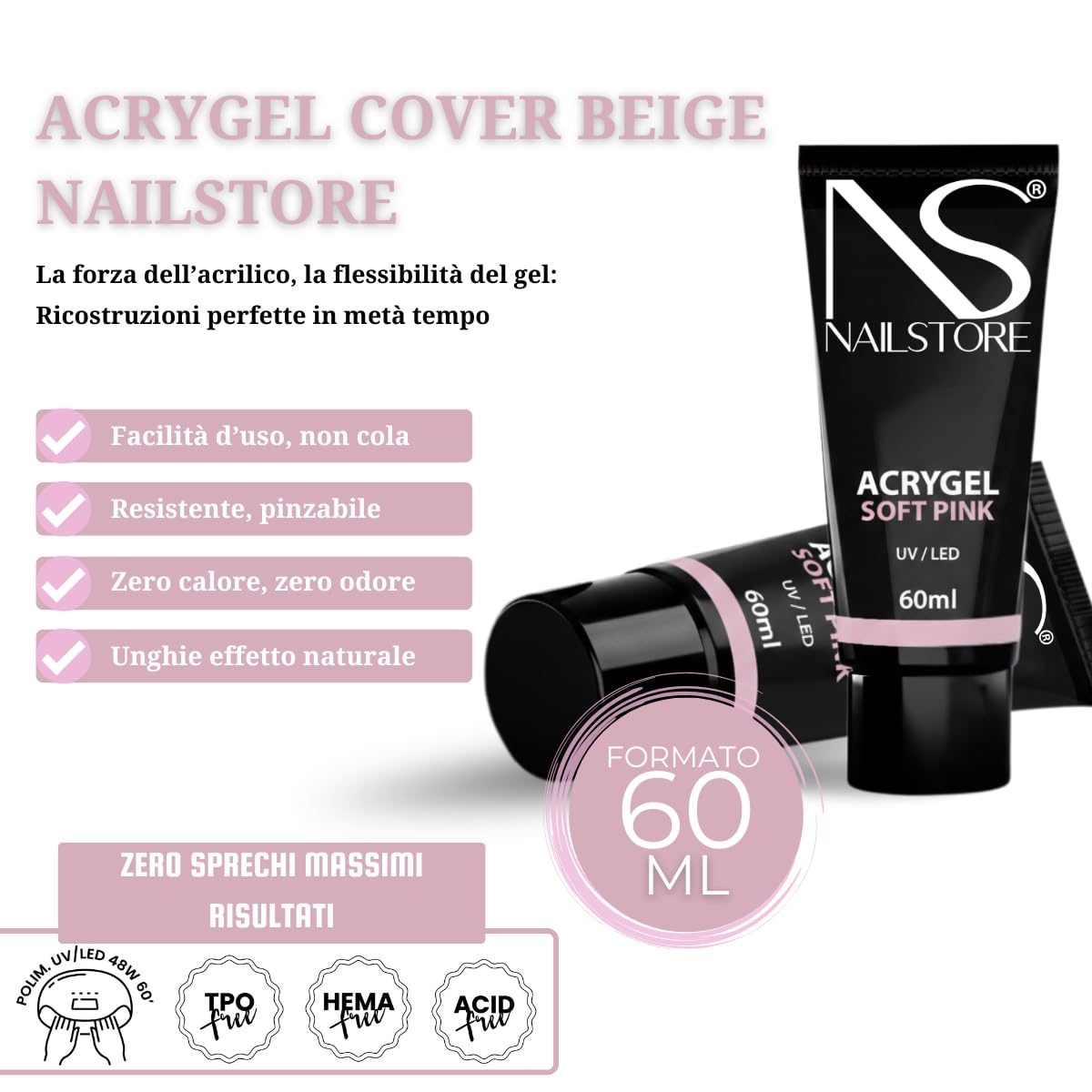 Nail Store - AcryGel per Ricostruzione Unghie - per allungamenti estremi - smalto semipermanente – lunga durata - Acrigel 60ml (Soft Pink)