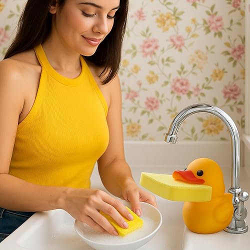 Miniatura 2 de Soporte con forma de animal para esponja de cocina, rana o pato a elección, con esponja, pato amarillo