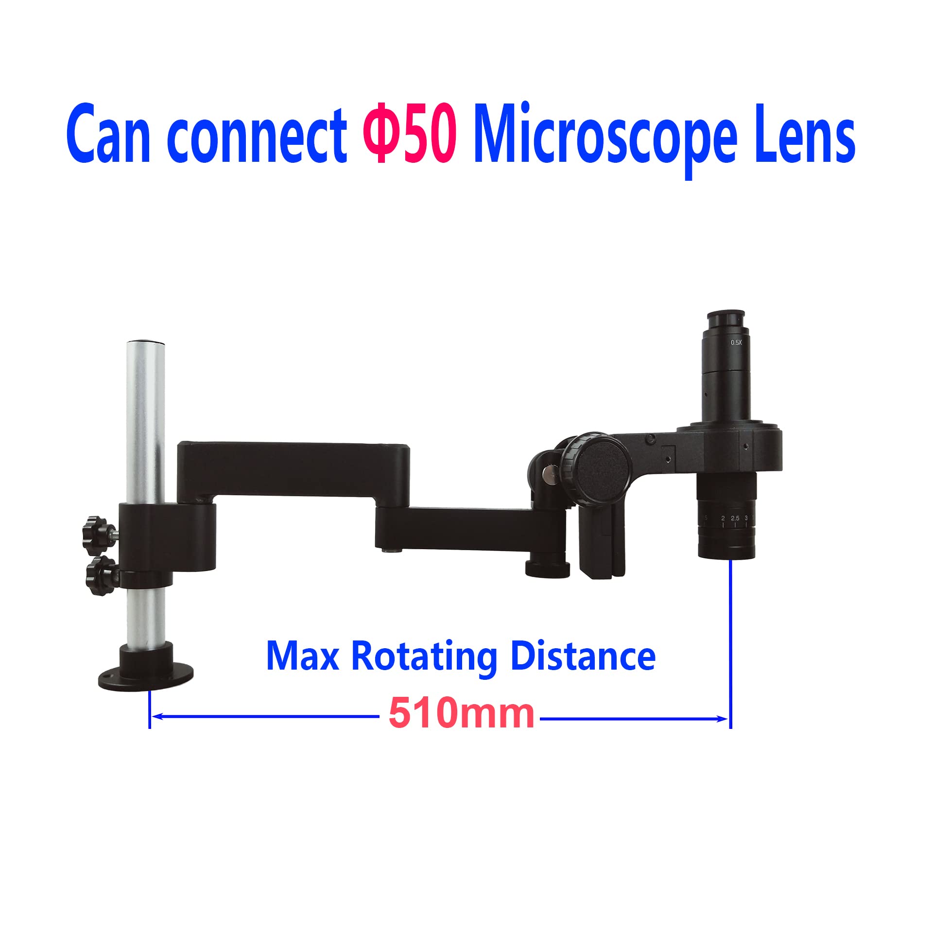 Microscope Articulating Universal Rotatable Arm, Microscope Stand Arm with Clamp for Stereo Trinocular Professional Microscope, HDMI Camera Lens Phone Repair Soldering Tools (50mm No Clamp, Black)