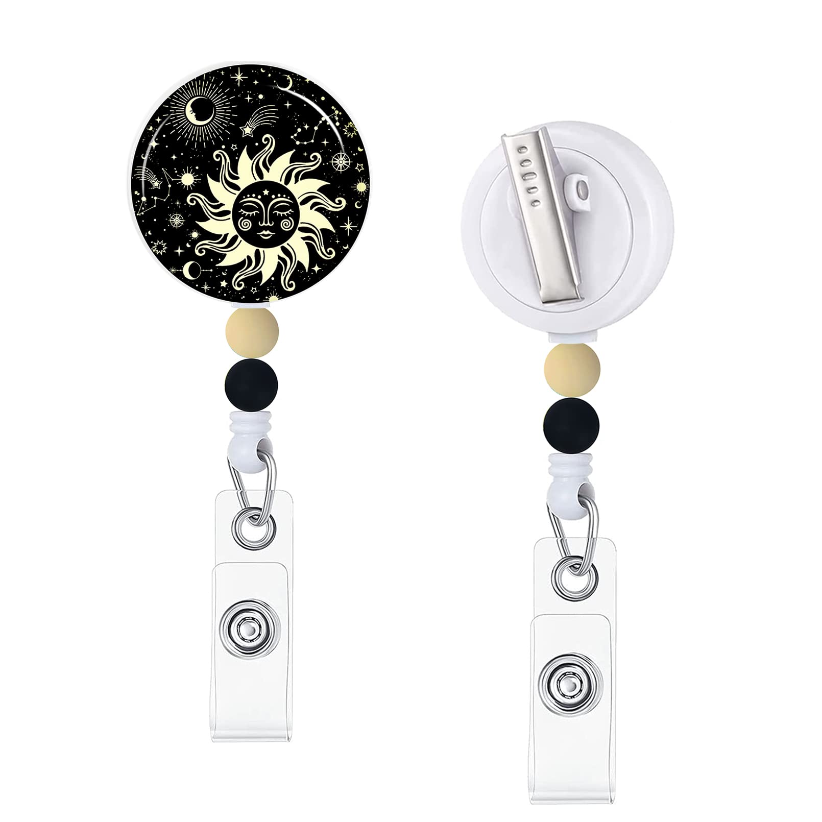 Immaturus Moon Sun Badge Reel Retractable with Beads, Cute Funny Id Badge Holders Retractable, Badge Clips Keychain ID Card Holder for RN Nurses Nursing Student Teachers Office Workers Gifts