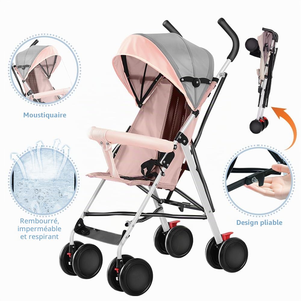 Poussette Bebé Légère, jusqu'à 30 kg, grand panier, système de pliage rapide,Siège Spacieux, Double Frein et Roues Avant Pivotantes (rose)