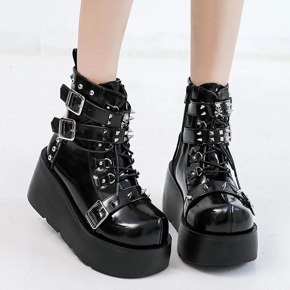 Damen-Gothic-Stiefeletten mit Plateau und Fledermausschnallen, klobige Absätze, runde Zehenpartie, Reißverschluss, Punk-Motorrad-Kampfstiefel, bequeme kurze Gothic-Stiefeletten