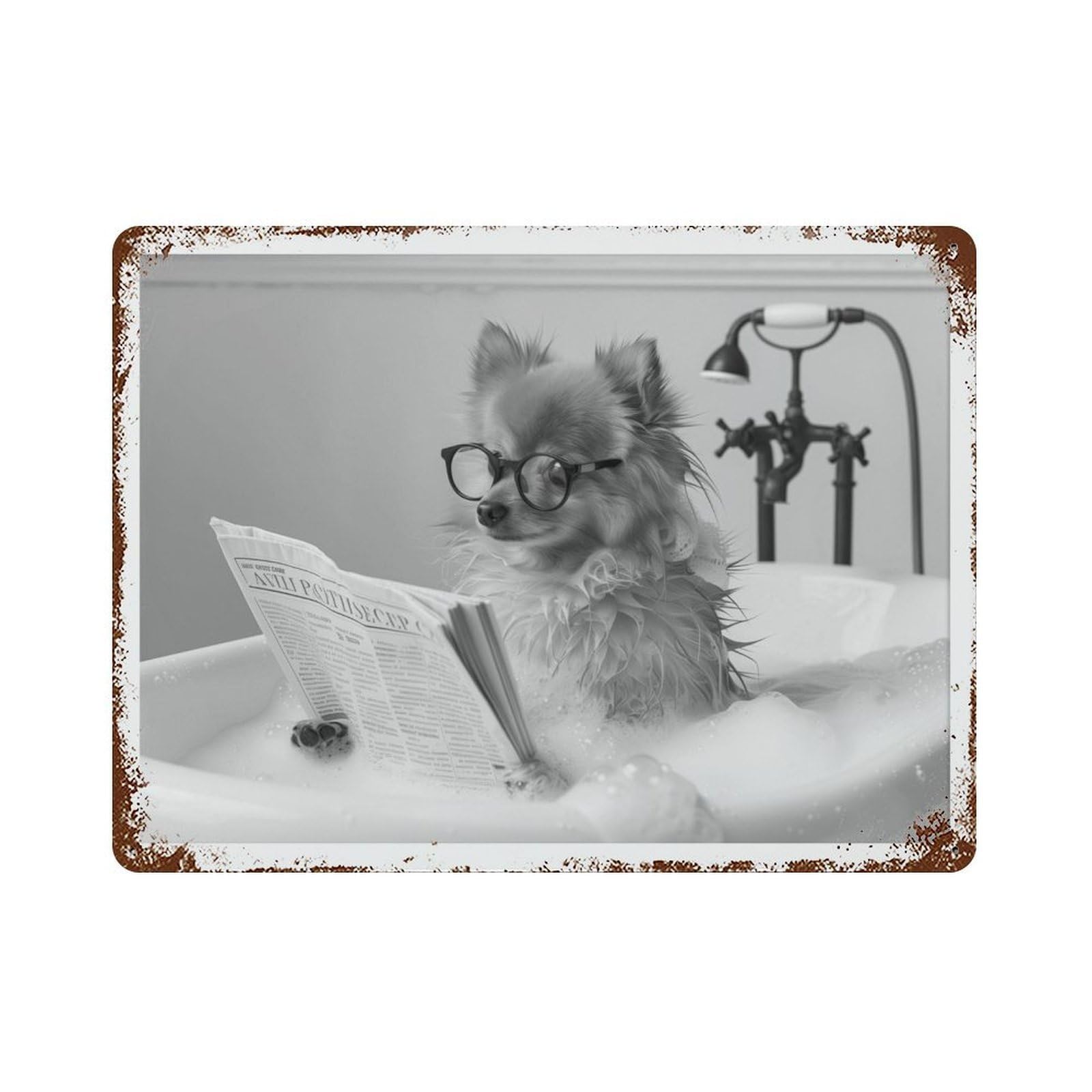xiaoxiaoshen Pomeranian in Bathtub Dog Reading Newspaper, Funny Bathroom Decor Wall Decor Art Metal Tin Poster Modern Home Decor Art Home Bar Shop Decorations Vintage Sign 30x40cm