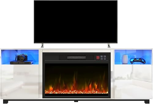 Soporte de TV con chimenea eléctrica de 23 pulgadas, centro de entretenimiento con luz LED de 65 pulgadas con chimenea eléctrica blanca, estantes
