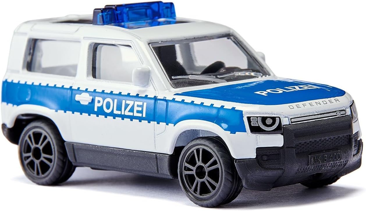 siku 1569, German Federal Police Land Rover Defender, Toy Police Car, Metal,Plastic, Silver,Blue, Rubberised Tyres, Sports Tyres, Blue Light Bar, Trailer Coupling