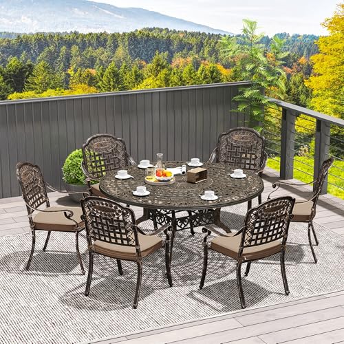 Outsunny 7 Pieces Cast Aluminum Patio Dining Set for 6, Patio Table and Chairs with Umbrella Hole and Cushions, Outdoor Furniture Dining Set for Garden Backyard Poolside, Bronze - Image 3