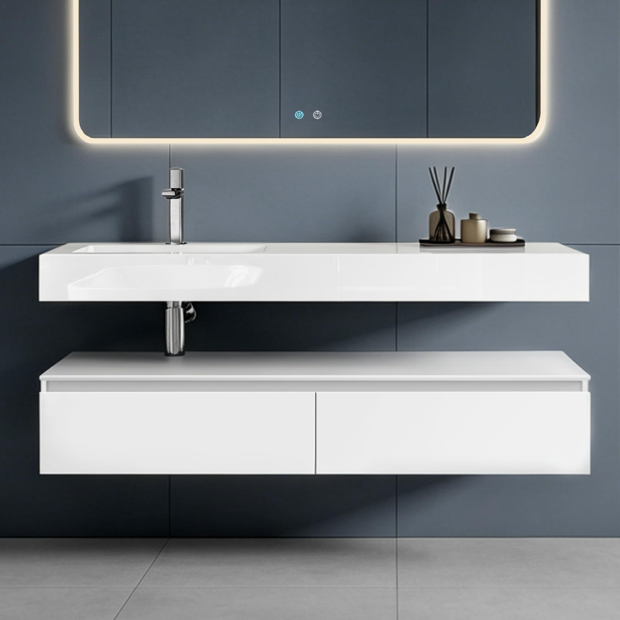 doporro Mobile Bagno Sospeso 150 cm con Lavabo Integrato – Design Moderno in Bianco Opaco con Mensola e Ampi Cassetti